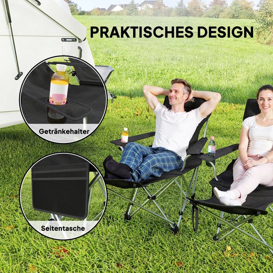 ZYLARO Campingstoel - 2 stuks opvouwbaar Kampeerstoel - Verstelbare relaxfauteuil - met afneembare voetensteun en bekerhouder - zwart van ZYLARO — afbeelding 3