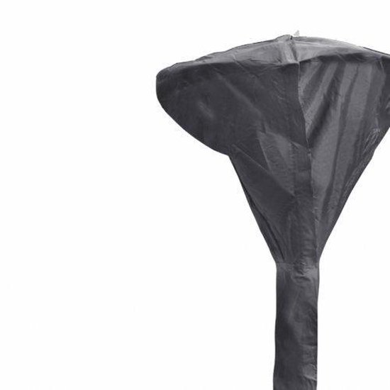Detail van de donkergrijze beschermhoes voor de brede kap van een terrasverwarmer.