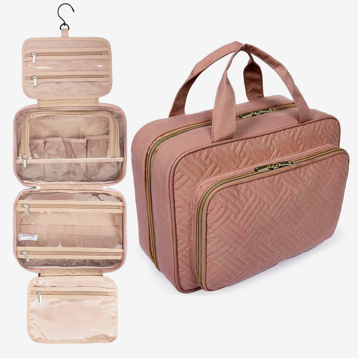 CUBEXCOM® Toilettas Ophangbaar, Make-Up Tasje met Haak, Grote Make Up Koffer, Beautycase, Toilettas Dames, Make Up Tas Organizer, Make Up Etui, Beautycase Koffer, Toilettas voor op Reis met Draaggreep en Haak, Waterdicht, 24x30x15 cm, ROZE