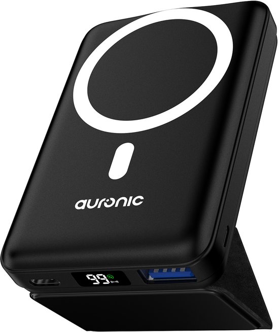 Auronic Powerbank 10.000 mAh - MagSafe Geschikt - Quick Charge - Voor iPhone 12, 13, 14, 15, 16 - Draadloos Opladen - Licht en Compact - Noodpakket - Zwart