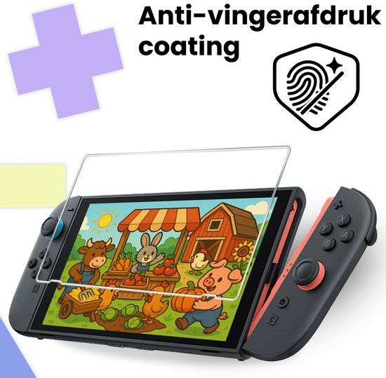 Een Nintendo Switch 2 met een boerderijspel, de 'Anti-vingerafdruk coating'.