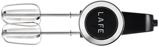 Bovenkant van zwarte handmixer met twee zilveren gardes en het Lafe-logo in het midden.