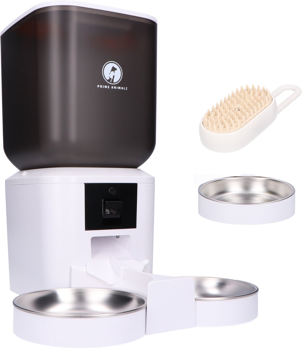 Prime AnimalZ Automatische Voerbak dubbel met stoomborstel voor kat en hond - Voerautomaat Dispenser - voerbak kat dubbel- met Camera - Full HD 1080P Camera met night vision - Two-way Audio - 7L- Wit