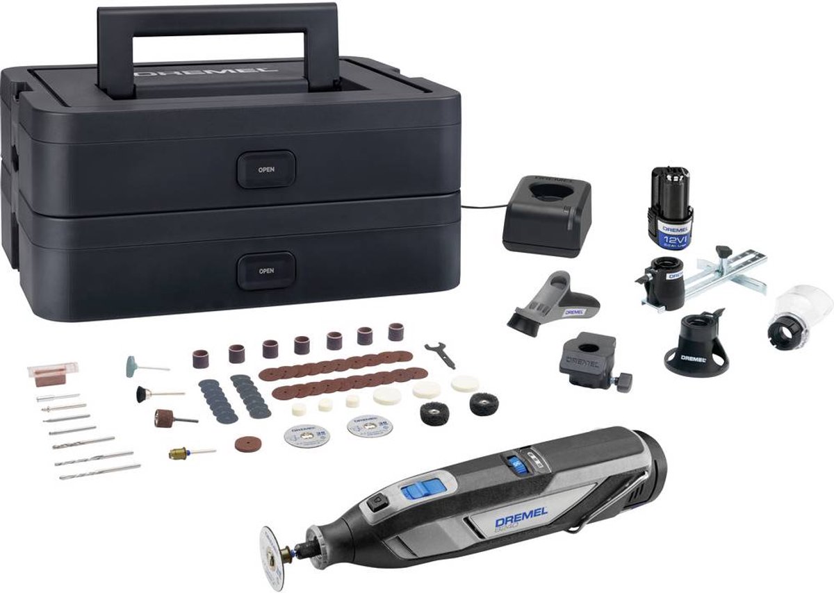 Dremel 8240 5/56 platinum editie - Inclusief 2x 12V 2.0 Ah accu - 65 accessoires - Detailhandgreep - lijn-en cirkelgeleider - multifunctioneel freeshulpstuk - bewerkingsplatform -comfort guard hulpstuk - lader