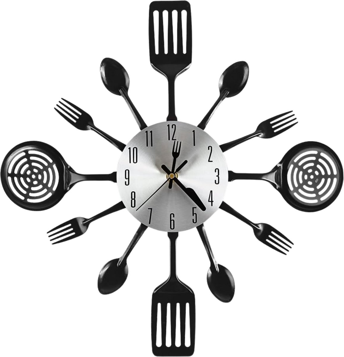 Tyme Wandklok Bestek - 41cm Klok voor Keuken - Analoog - Uurwerk - Muurklok - Quartz - Zwart Zilver