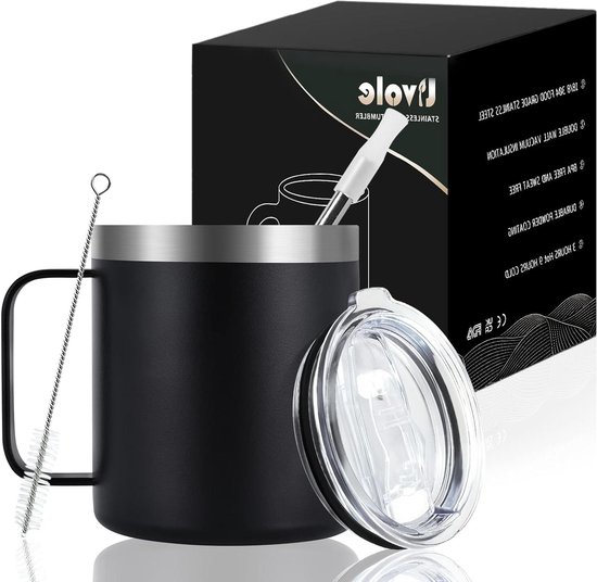 HIQE-FL Reiskoffiemok - 1200 ml thermobeker met rietje en handvat - vacuüm geïsoleerde roestvrijstalen autobeker