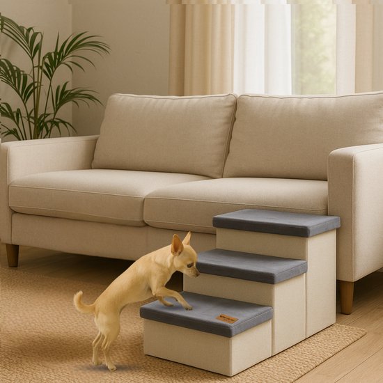 PawHut opvouwbare huisdierentrap, 3 treden, wasbare pluche hoes, Spaanplaat, 46 x 35 x 35 cm, beige