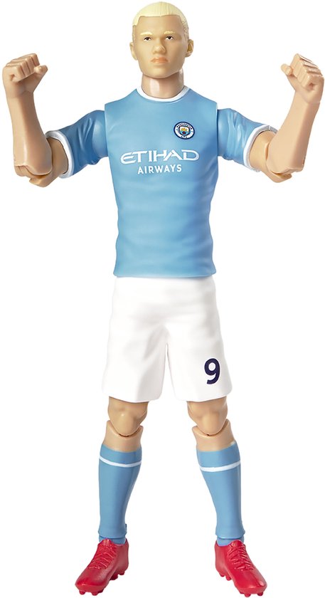 Actiefiguur van Erling Haaland in lichtblauw Manchester City shirt met "ETIHAD AIRWAYS" opdruk en wit broekje met nummer 9.