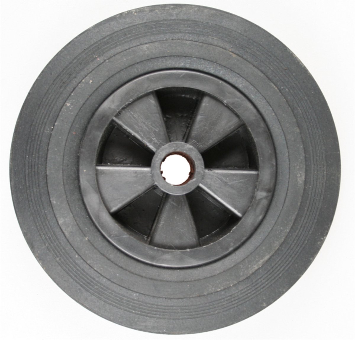 Losse kunststof velg met Hard rubberen wiel 200 x 50. Past op neuswiel met buis van 48mm doorsnee.