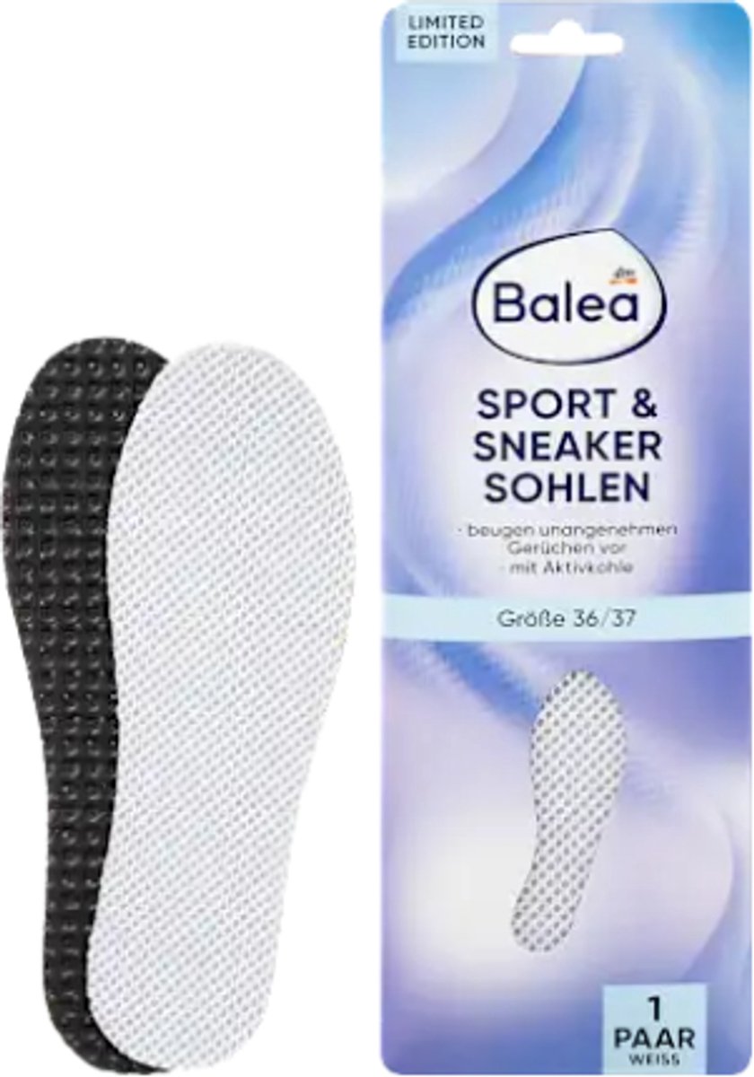 Balea Sport & Sneaker Inlegzolen - Maat 36/37 - Wit | 1 Paar Latexschuim-inlegzooltjes | Met Actieve Kool tegen Onaangename Geurtjes