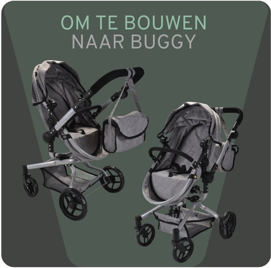 Grijze poppenwagen, om te bouwen naar een buggy, met tas aan het stuur.