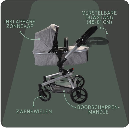 Grijze poppenwagen met zonnekap, boodschappenmandje en zwenkwielen. Verstelbare duwstang (48-81 cm).