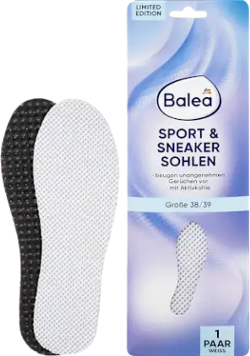 Balea Sport & Sneaker Inlegzolen - Maat 38/39 - Wit | 1 Paar Latexschuim-inlegzooltjes | Met Actieve Kool tegen Onaangename Geurtjes