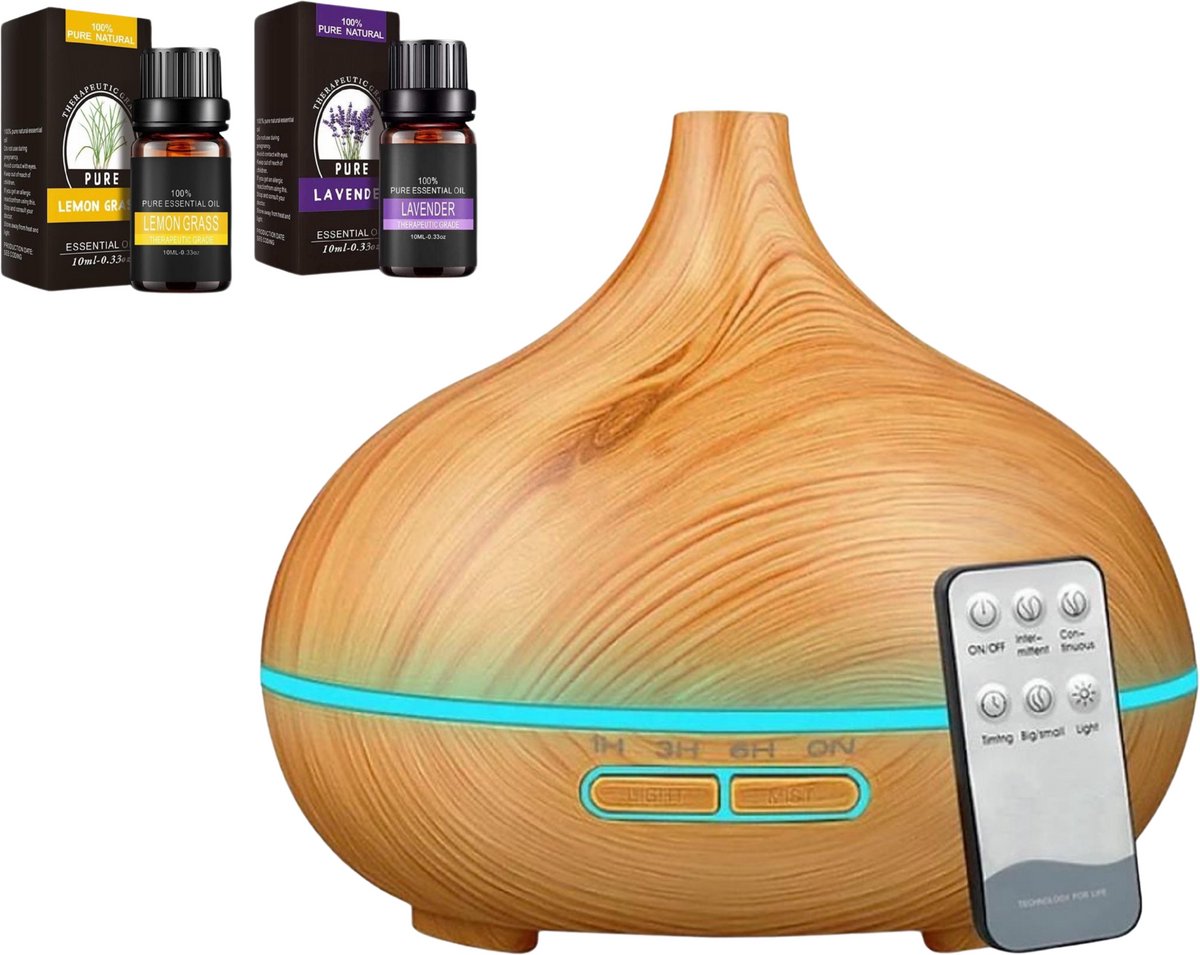 Goedkoopste Aroma Diffuser Luchtbevochtiger Humidifier 550ml met Afstandsbediening - Geurverspreider met 2x 100 puur Etherische Lemon Grass en Lavendel Olie Gratis - Houtskleur - Tensfact®