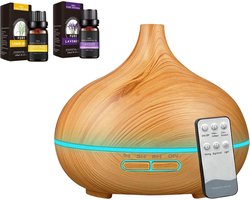 Aroma Diffuser Luchtbevochtiger Humidifier 550ml met Afstandsbediening - Geurverspreider met 2x 100% puur Etherische Lemon Grass en Lavendel Olie Gratis - Houtskleur - Tensfact®