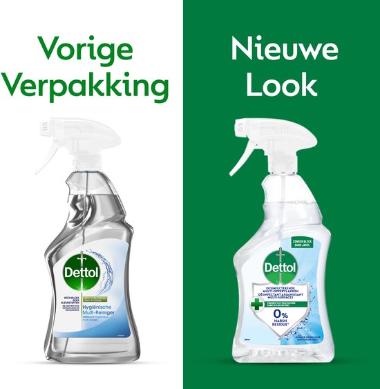 Comparaison entre l'ancien et le nouveau packaging des bouteilles de spray Dettol.