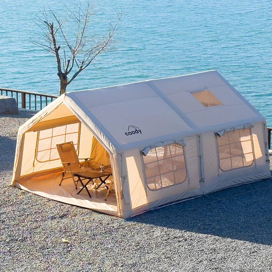Coody 17.2 FAMILIA - Air tent - Opblaasbare glamping tent - 4–6 persoons - 17,2 m² - TC-stof (35% katoen, 65% polyester) - PU3000 mm waterdicht - Ademend en sterk - AAA+ schimmelbestendigheid - Brandwerend PVC - Beige/Sand - Nettogewicht tent 55 kg