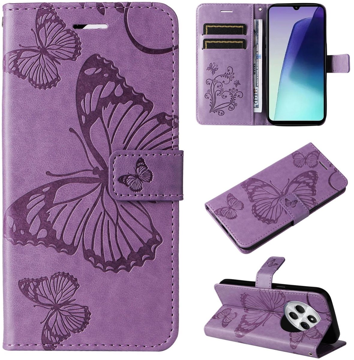 Mobigear Telefoonhoesje geschikt voor Xiaomi Redmi 14C Hoesje | Mobigear Butterfly Bookcase Portemonnee | Pasjeshouder voor 2 Pasjes | Telefoonhoesje voor Pinpas / OV Kaart / Rijbewijs - Paars