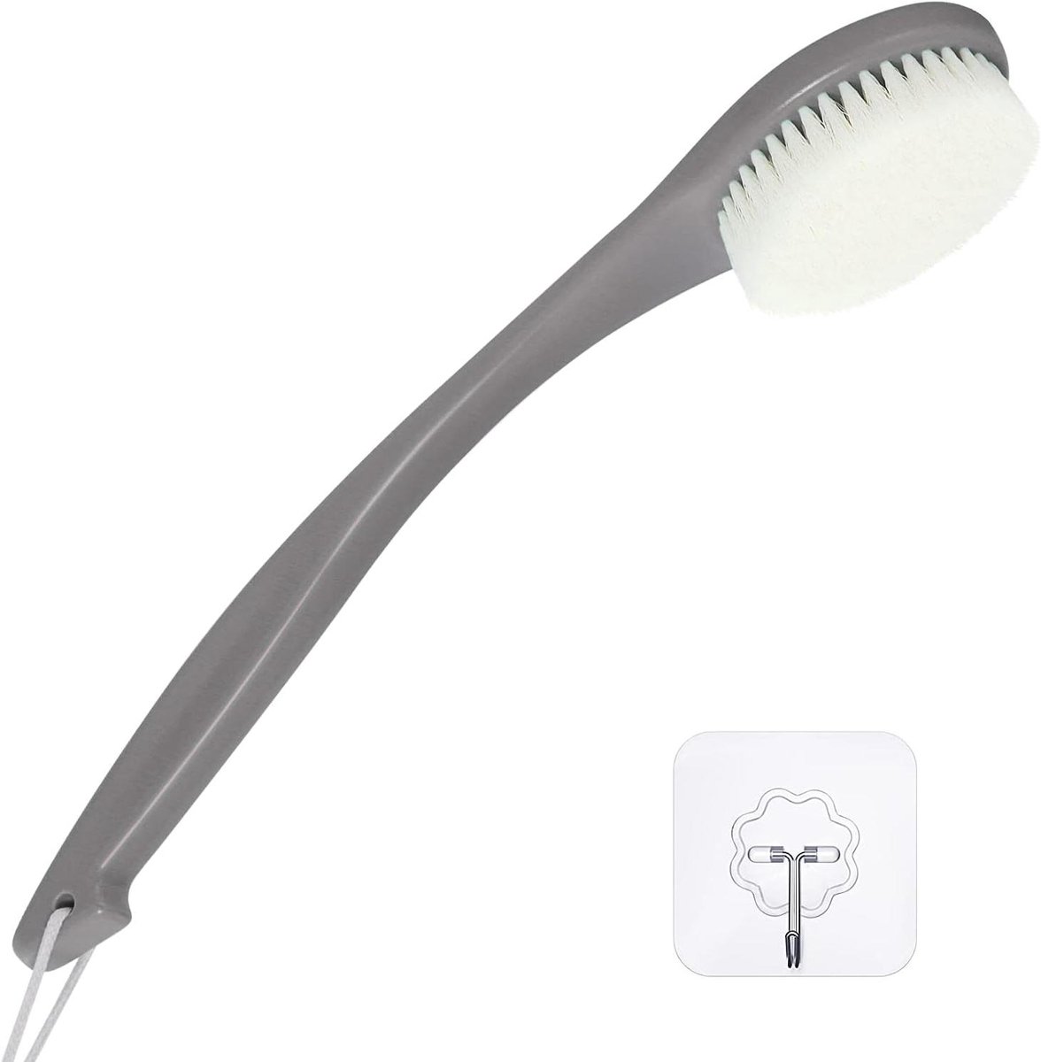 Zachte haren rugborstel met lang gebogen handvat - Voor douche en scrubben - Grijs