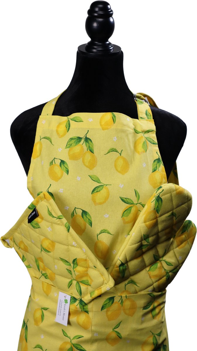 Keukenset 3-delig – Schort + Ovenwant + Pannenlap – Voor Haar – Kookcadeau - Cadeauset - Citroen - Lemon
