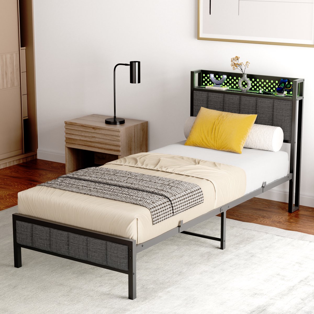 HAUSS SPOLE Metalen Bed 90x200cm -Gepolsterd Hoofdbord USB En LED Hoofdbord-Slaapkamer/Studentenkamer - Logeerkamer/Jeugdkamer - Eenvoudige Montage - Metaal-Zwart Met LED