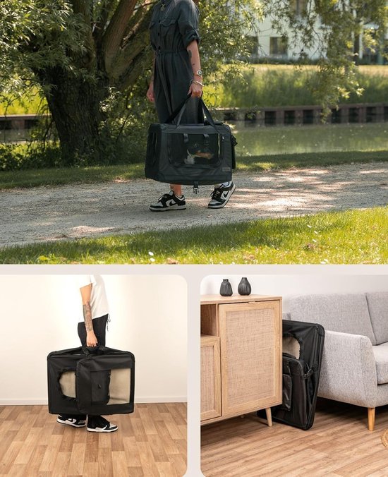 lionto hondentransportbox opvouwbaar voor onderweg met handvatten & schouderriem, 49x27x31 cm, van stevig Oxford-weefsel & gaas, kattentransportbox met zacht kussen voor in het vliegtuig, zwart