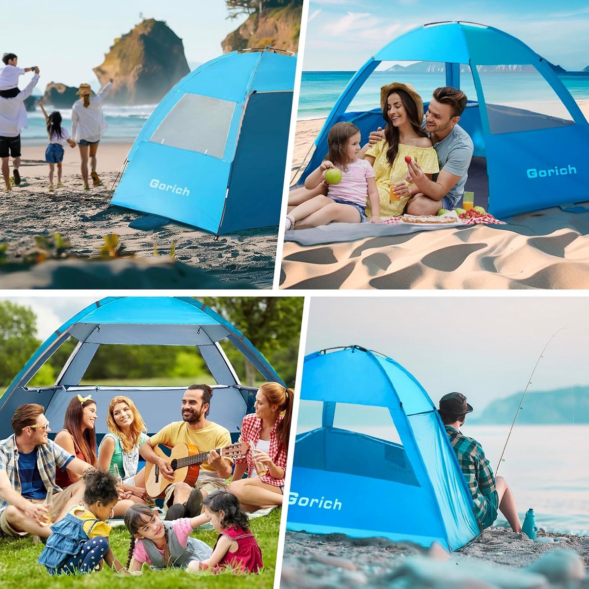 Gorich Strandtent voor 4 tot 5 personen, strandtent met UPF 50 uv- bescherming, lichtgewicht en eenvoudige installatie, strandtent voor familie, strand, vissen, camping, outdoor (hemelsblauw, 4