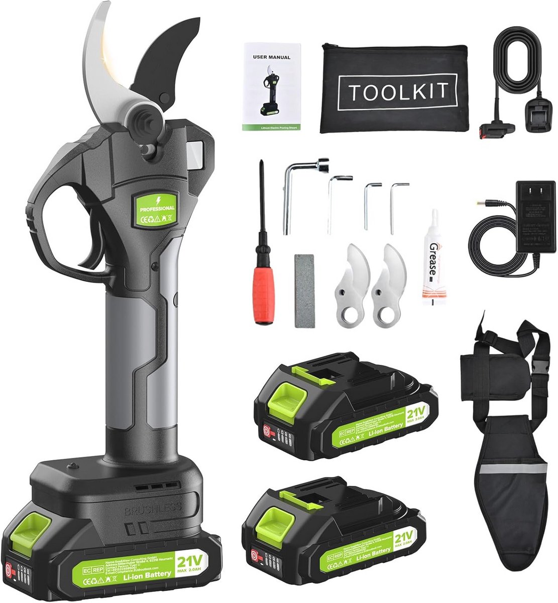 Elektrische Tuinschaar 21V Professionele Snoeischaar met 2 x 2.0Ah Batterijen Borstelloze Motor LCD Display voor Tuinen en Boomgaarden