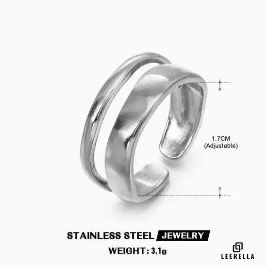 Zilverkleurige ring, verstelbaar 1.7CM, van roestvrij staal, gewicht 3.1g.