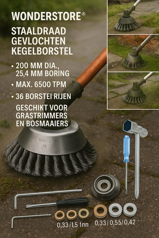 WonderStore© Stalen borstel met 7-delige adapterset, onkruidborstel 200 mm x 25,4 mm, staaldraad gevlochten, kegelborstel voor grastrimmer, bosmaaier, tegen onkruid, mos, hardnekkige afzettingen en verontreinigingen van WonderStore — afbeelding 3