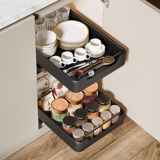 Opvouwbare Ladeplank Telescopische Uittrekbare Lade - Opvouwbare Kastorganizer Zonder Boren | Metaal Pull-Out Plank Voor Keuken, Badkamer | 25x39x19 Cm (Zwart) Geen Boren