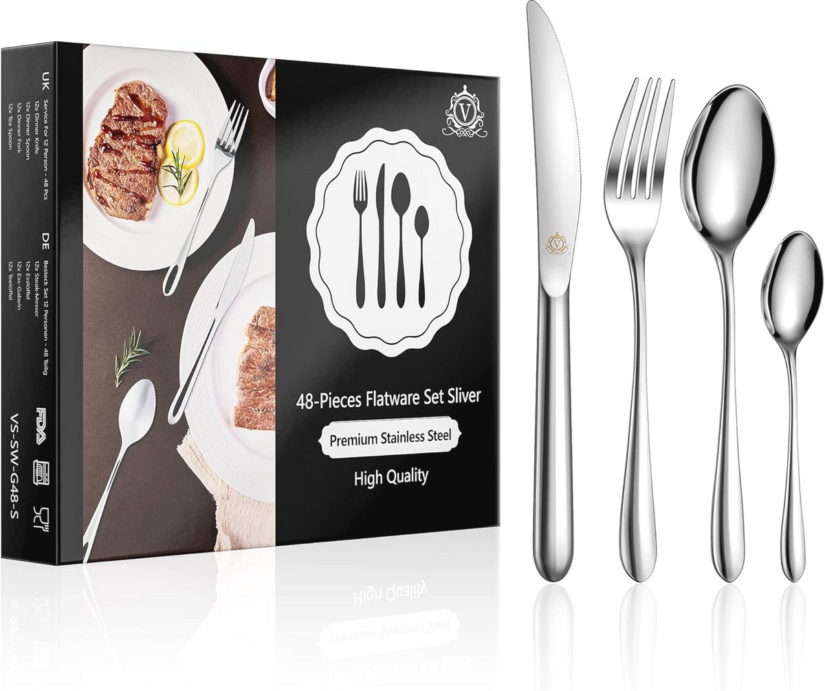 Elegante 48-delige Bestekset voor 12 Personen - Voedselveilig Roestvrij Staal - Ideaal voor Thuis, Feest en Restaurant