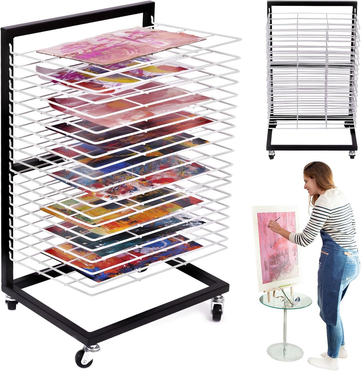 Klein Hangend Droogrek voor Kunst - Mobiele Droogtoren - 19 Uitneembare Schappen - Wit