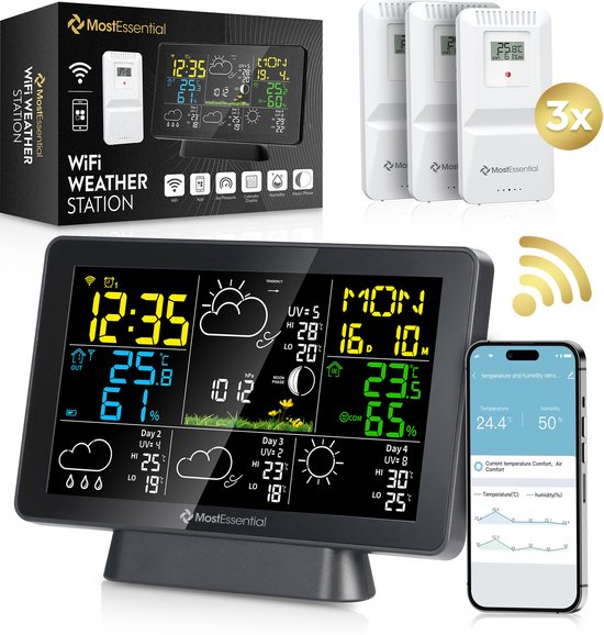 MostEssential Weerstation Wifi Edition - Draadloos Weerstation met Buitensensor - Hygrometer - Binnen en Buiten - 150 Meter Bereik - Inclusief App - Zwart - 3 sensors