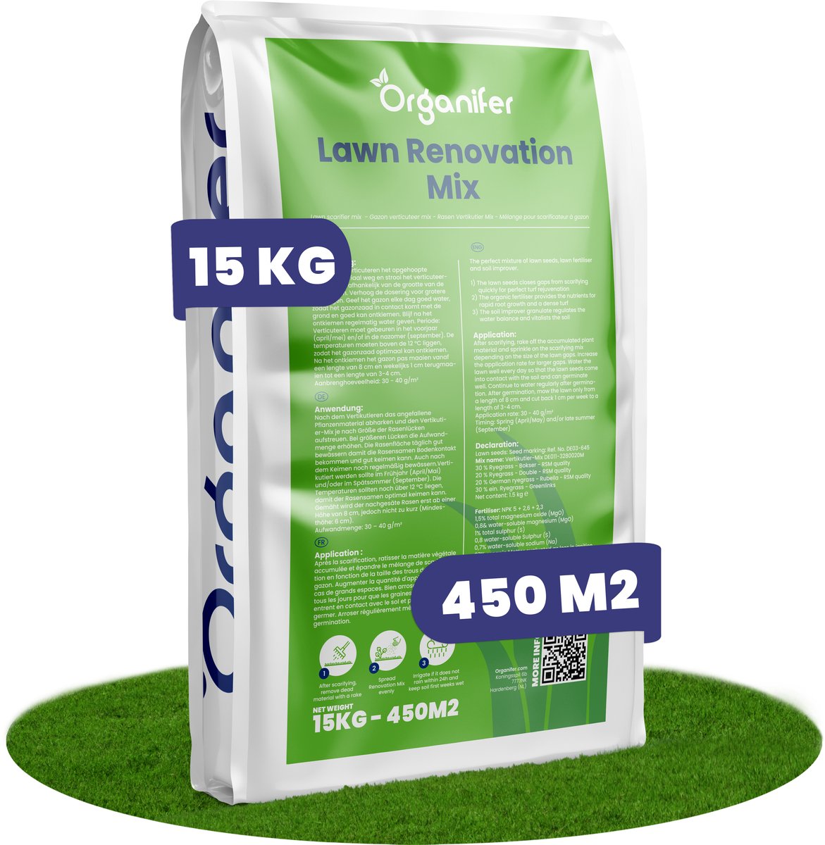 Verticuteer Mix (15kg, 450m2)- Gazon Renovatie - Gazonmeststof - Graszaad Herstel - Meststof - Herstelgazon - Bodemverbeteraar - Organifer