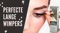 Vrouw past nepwimpers toe, met de tekst 'PERFECTE LANGE WIMPERS'. FEG Eyelash Enhancer product.