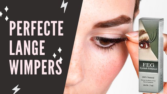 Vrouw past nepwimpers toe, met de tekst 'PERFECTE LANGE WIMPERS'. FEG Eyelash Enhancer product.