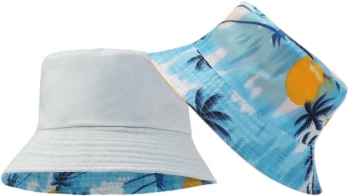 Bucket Hat - Omkeerbaar Vissershoedje - Dubbellaags - Wit & Palmboomprint - Reversible - Hoofdomtrek 54-56 cm - Dames - Heren - Regenhoedje - Zonnehoedje - Emmerhoed - Hoed - Unisex