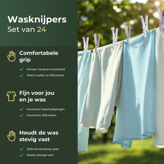 Verschillende kledingstukken, waaronder een lichtblauw laken, hangen aan een waslijn, vastgehouden door grijswitte wasknijpers.