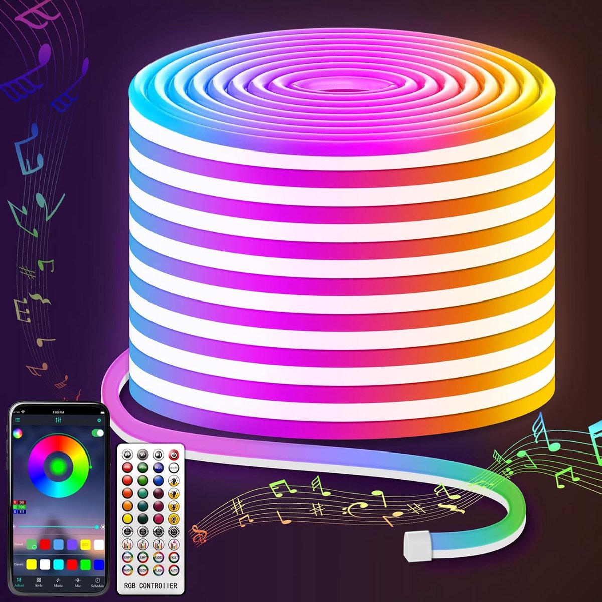 LED Strip 15 Meter - Met Afstandsbediening – NEON Strip - Lichtstrip Met Kleurverandering - Smart LED Light Strip – Met Appbediening – Muzieksynchronisatie – Waterdicht - Sfeerverlichting - Energy Class F