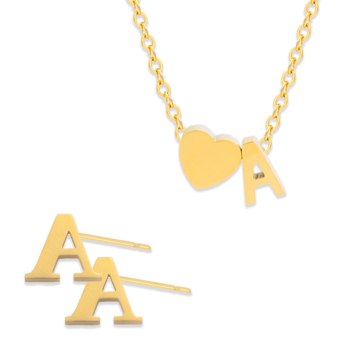 Initiaal Ketting & Oorbellen set met Letter A Goudkleurig - Stainless Steel - Met letter & Hartje! - 2x Sieraden Cadeau - Pax Amare