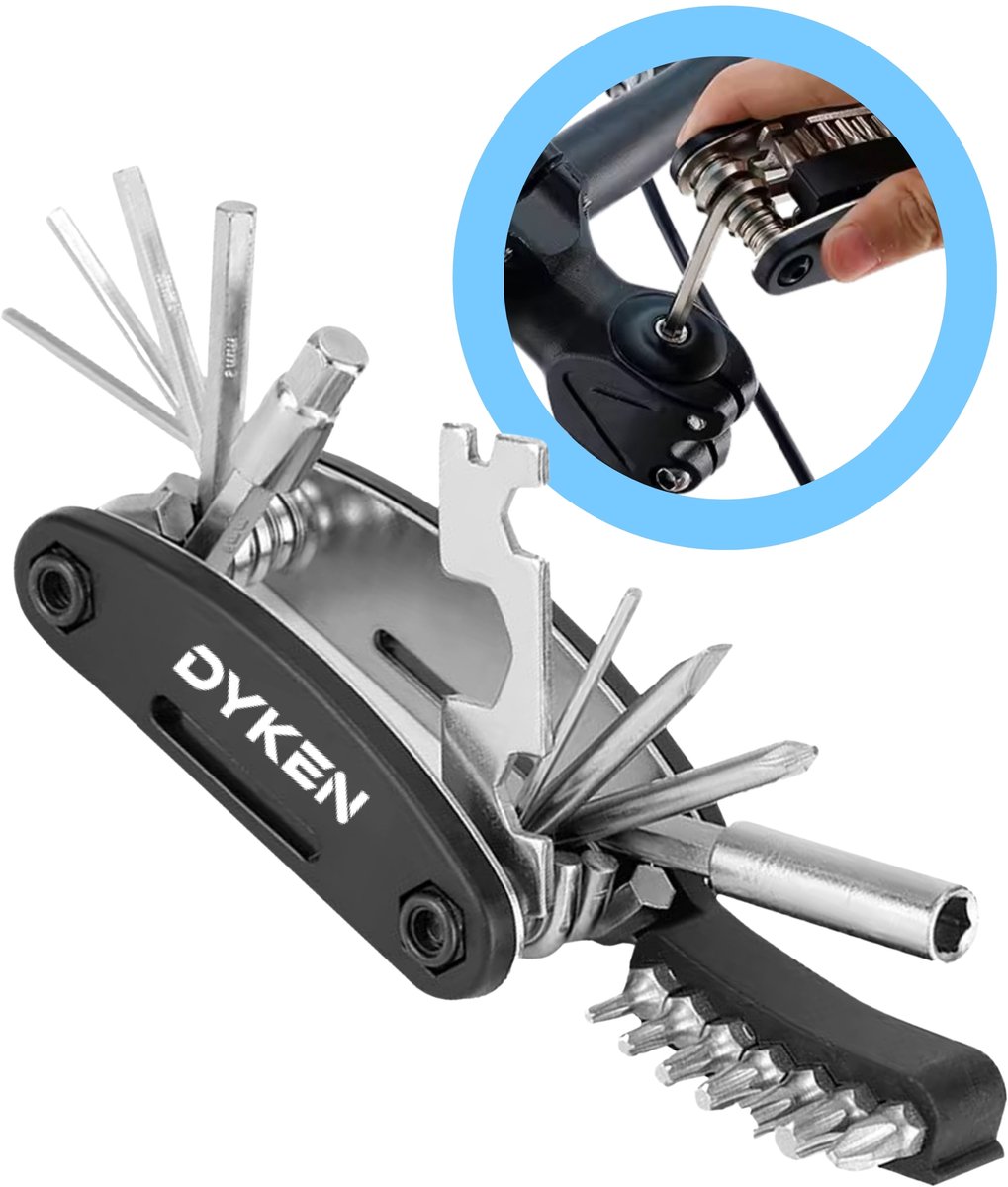 Dyken Multitool Fiets Reparatieset - 20 delige Fietsgereedschap voor Onderweg - Fiets Accessoires - Zwart