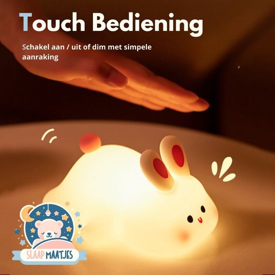 Kinder Nachtlampje Konijn - Nachtlampje Baby - Met aanraaksensor- Veilig voor kinderen - USB Oplaadbaar - Dimbaar - LED - Slaap Maatjes