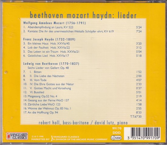 Achterkant CD "beethoven mozart haydn: lieder" met tracklist. Robert Holl, David Lutz. Vanguard Classics.