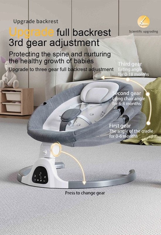 Elektrische Schommelstoel Baby - Babyschommel - Wipstoel - Baby Swing - Met Bluetooth - Klamboe - Slaapmodus - 3 Snelheden - Afstandsbediening - Grijs van Zedar — afbeelding 5