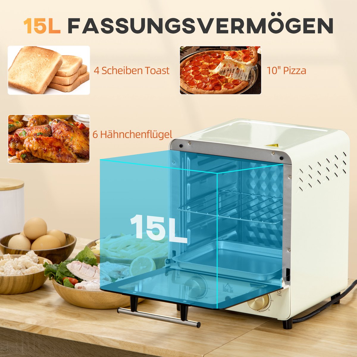 ZYLARO mini oven - Vrijstaande Elektrische Oven - 15L - 1000W - Vintage crème wit – foto 2