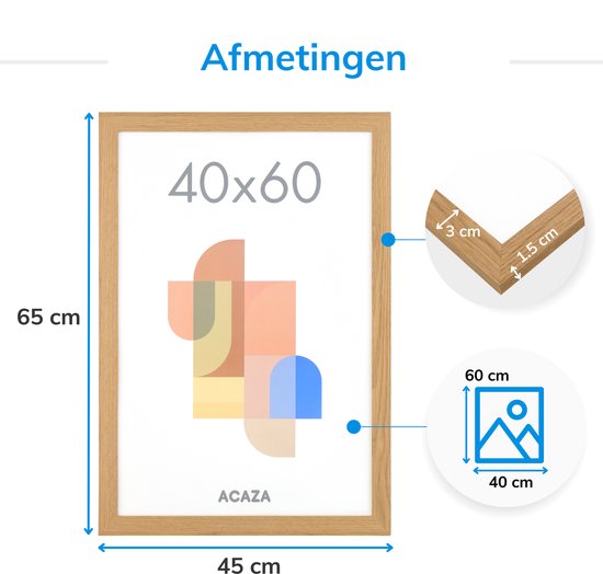 Afmetingen van een houten fotolijst 40x60 cm, met details over breedte en diepte. Poster met abstracte vormen.