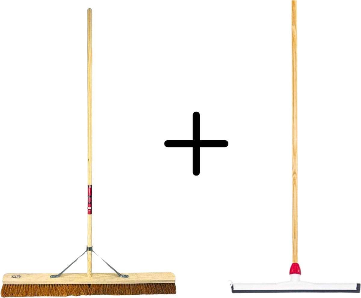 Synx Tools Coco Binnenbezem 90cm + Vloertrekker Kunststof 45cm met Steel 120cm – Zaalveger – Vloerreiniger – Natuurrubber – Zachte bezem kokos met steel 160cm