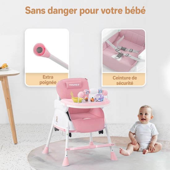 2-in-1 Kinderwagenset - Opvouwbare Eetstoel en Kinderwagen voor Baby's en Peuters - Verstelbare en Draagbare Babystoel - Roze — afbeelding 4