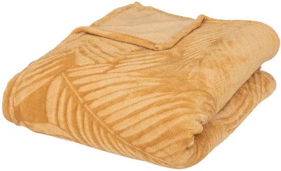 Atmosphera Plaid/bank deken Zoa - okergeel - 180 x 230 cm - polyester fleece - Leafs motief - bedsprei